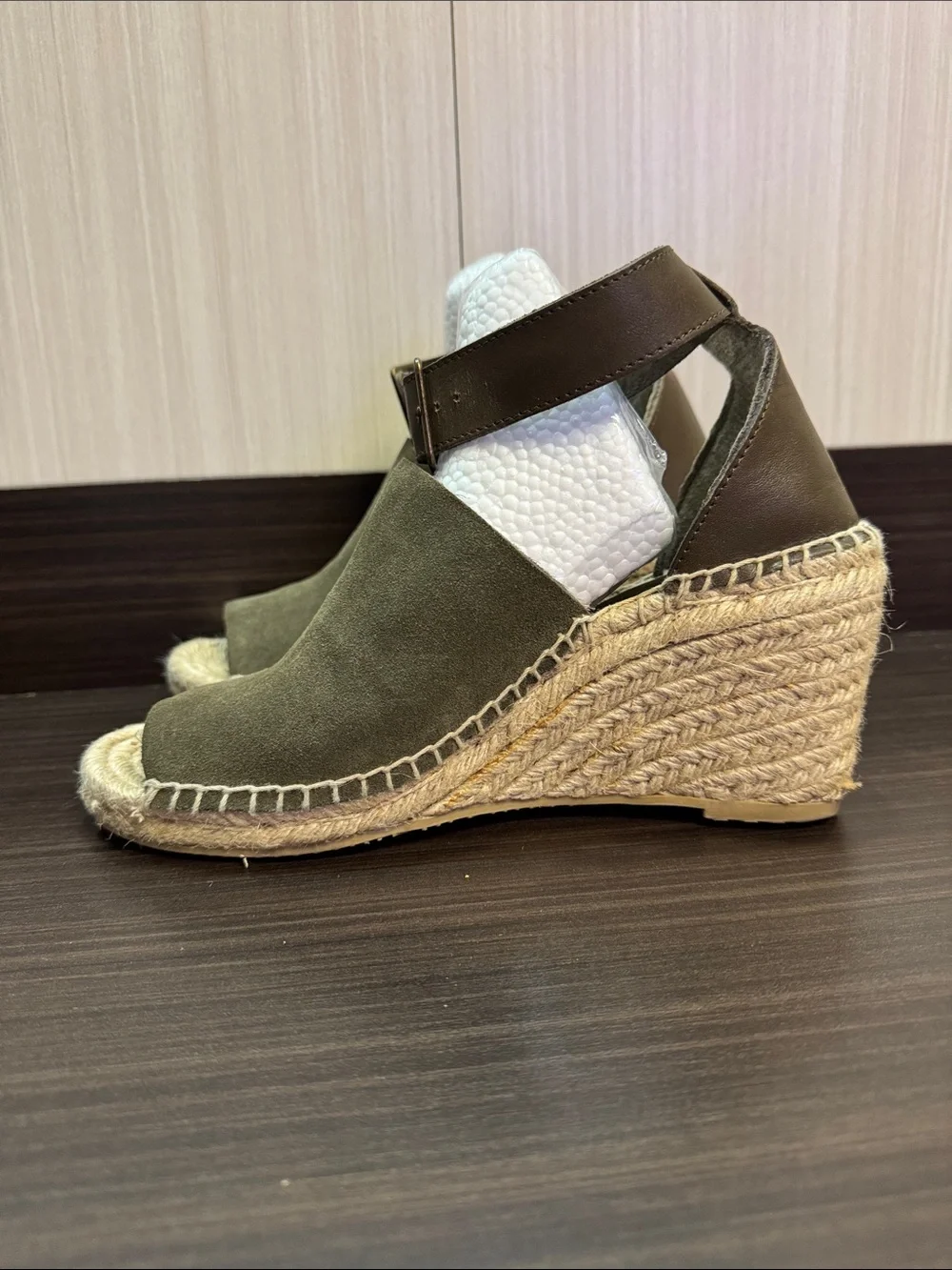 GAP Olive Green Suede Espadrille Wedge Sandals with Brown Ankle Strap - Picture 3 of 7